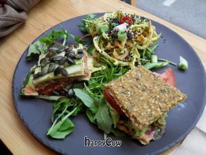 Tapas Plate: Avocado Sandwich, Thai Noodles and Lasagna. at 42°Raw in Copenhagen
