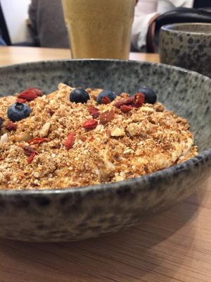 Granola and cashew yoghurt with banana and apple at 42°Raw in Copenhagen