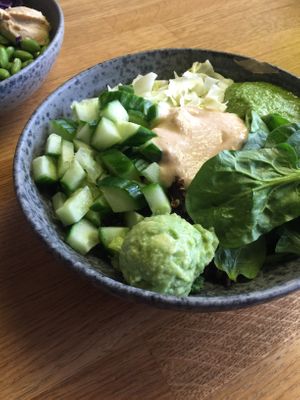 Salad with hummus, vegan pesto and avocado at 42°Raw in Copenhagen