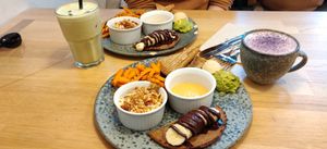 Brunch in art form! With a vegan hot cocoa. at 42°Raw in Copenhagen