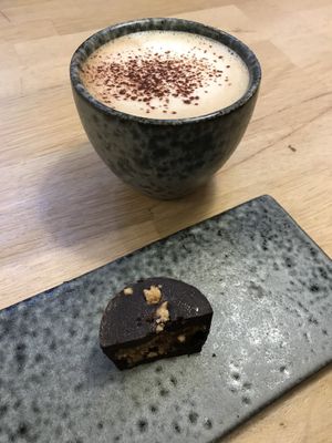 Oat cappuccino and peanut butter cup  at 42°Raw in Copenhagen