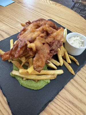 Vegan ‘fish’ and chips - large portion!  at The Owl in Camber