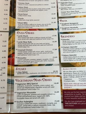 Vegetarian menu  at Anatolia Sea View in Lytham St Annes