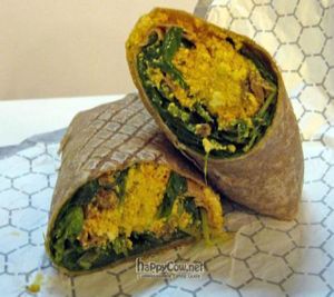 Breakfast Scramble with scrambled tofu, Italian 'sausage', spinach, Daiya cheddar, and hot sauce. at Terri in New York City