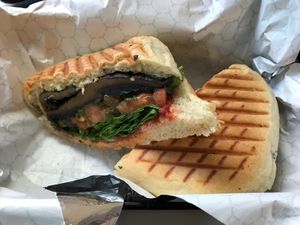 Portobello sandwich with cashew ricotta and tomato jam at Terri in New York City