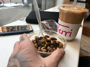 bean salad & pumpkin pie smoothie at Terri in New York City