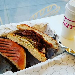 BBQ pulled pork sandwich but hot chocolate  at Terri in New York City
