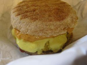 Bacon, egg and cheese vegan breakfast sandwich at Terri in New York City
