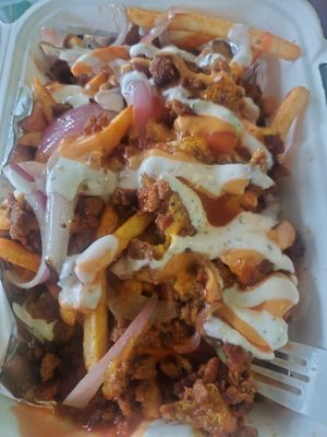 Loaded fries with bbq sauce at Organic Food Kings in Miami