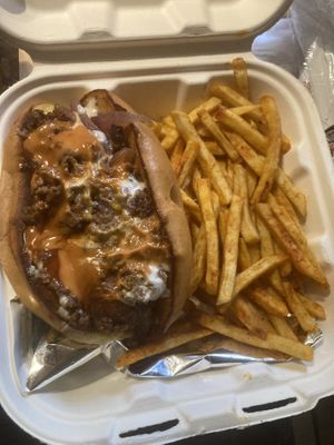 Loaded Glizzy w/ Regular Fries at Organic Food Kings in Miami