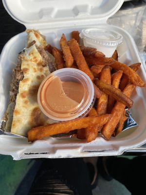“Beef” quesadilla with sweet potato fries. at Organic Food Kings in Miami