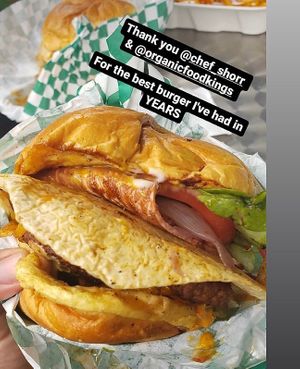 All VEGAN double burger, Vegan bacon with vegan egg, vegan cheez, vegan mayo, organic spring mix, tomato, grilled onions, and pickles!!  at Organic Food Kings in Miami