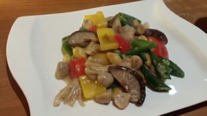 okra mushroom and gingko nuts at Bug and Bee in Bangkok