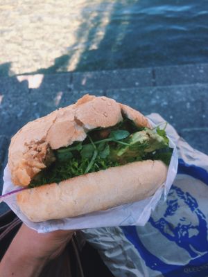 Holier Than Thou tofuburger with avocado enjoyed by the Qtown quay... with an audience of ducks awaiting for something to fall to the ground. at Fergburger in Queenstown