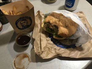 Vegan burg and chips at Fergburger in Queenstown