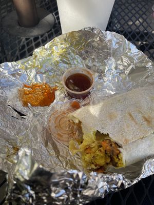 Vegan breakfast burrito with maple siriacha  at Semplice Cafe in Breckenridge