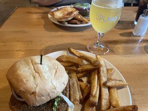 SEITAN-DERLOIN Sandwich with Fries  at Upland FSQ Brewery in Indianapolis