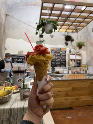 Strawberry & Persimmon (not pictured: my partner’s second cone - raspberry) at La Gelatiera in Florence