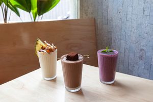 Healthy smoothies that are available in organic soy milk and almond milk. at Pimp My Salad in Bangkok