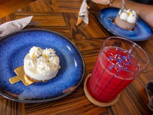 Watermelon juice + dessert with lemon mousse at My Green Pastry in Porto