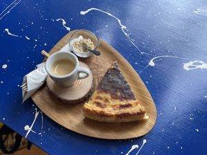 Flan cake and espresso  at My Green Pastry in Porto