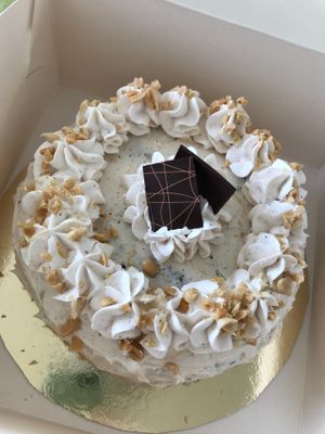 Chocolate base and peanut butter filling cake at Contribution in Louvain-la-neuve