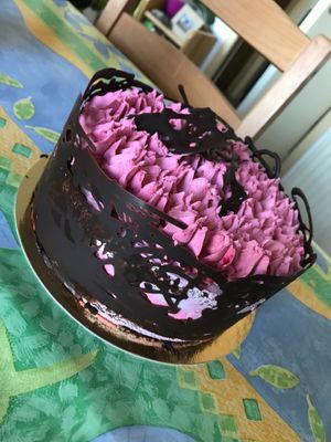 Chocolate base and raspberry filling at Contribution in Louvain-la-neuve