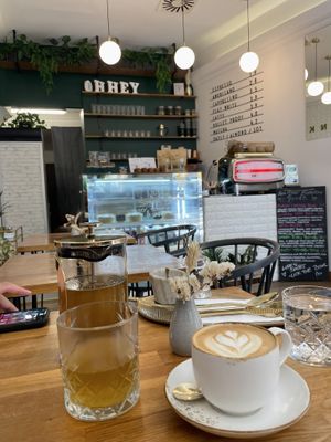 Green tea and oat milk cappuccino  at Zina's Eatery in Vienna