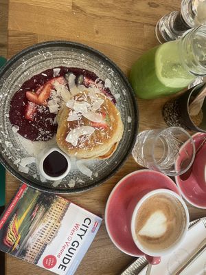 Protein pancakes, green juice and vegan cappuccino   at Zina's Eatery in Vienna