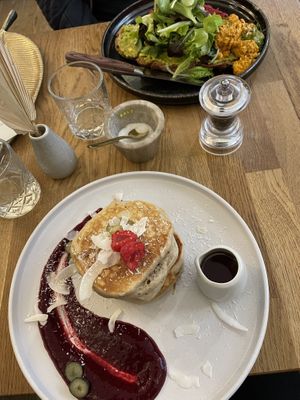 Pancakes and AvoTofuScramble Toast   at Zina's Eatery in Vienna