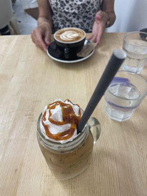 Salted caramel iced coffee (with coconut cream) and a soya cappuccino   at Lilo Cafe in Barcelona