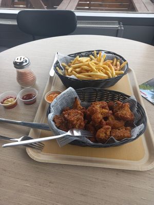 French fries and cauliflower wings. at N1 in Egilsstadjir