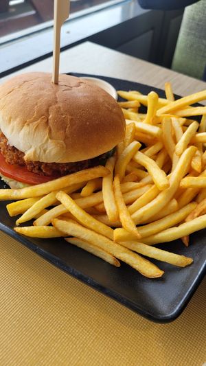 Jackfruit Burger with fries at N1 in Egilsstadjir