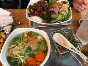 Vegan pho and Tofu bowl. at Saiwok in Rogers
