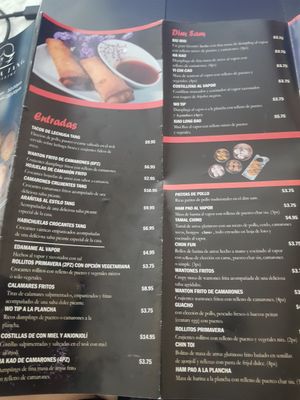 Menu at Dinastia Tang in Panama City