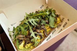 scrambled no-egg with truffle oil sandwich at MYLK in Doha