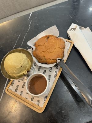 Cookie tray bake with pistachio ice cream   at MYLK in Doha