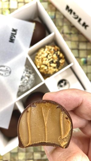 Hazelnut pralines and chocolate truffles at MYLK in Doha