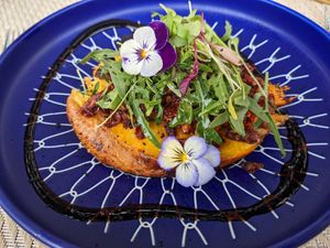 Sweet Potato Bruschetta, with rocket and tomato at Gavino Restaurante Bar in Funchal