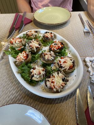 stuffed mushrooms with vegan cheese and paprika  at Gavino Restaurante Bar in Funchal