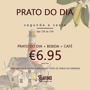 Sempre com novidades, mais uma semana se inicia com o nosso Prato do dia! 

Prato do dia + bebida + café = 6,95€

Por mais 4,95€ inclui sobremesa e copo de vinho ou sangri at Gavino Restaurante Bar in Funchal