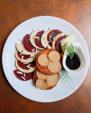 Veggie Burger 
(With vegan cheese(mozzarela, permesan), beetroot salad, Apple and almonds) at Gavino Restaurante Bar in Funchal