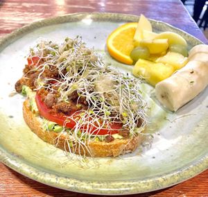 Super Avocado Toast with oat-based vegan taco “meat”    at The Local Blend in St Joseph