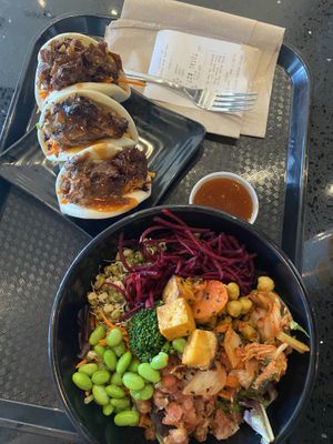 Mini Asian fusion bowl and General Tao bao buns!  at Copper Branch in Oakville
