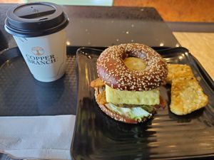 Breakfast sandwich & coffee at Copper Branch in Oakville