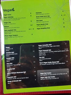 Vegan menu at Isshin Sushi in Penticton