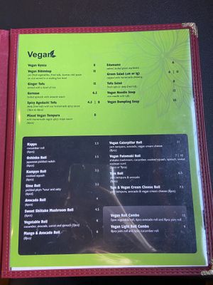 Vegan menu  at Isshin Sushi in Penticton
