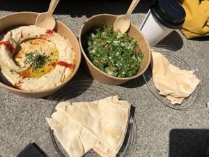 Hummus salad tabboule and pita   at Moses Cafe in Graz