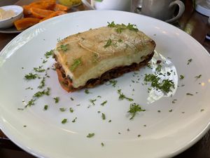 Vegan moussaka, the ‘main’ part of the $10 (plus 10% tax) meal deal of a main/side/drink  at Backyard Cafe - Street 240 in Phnom Penh