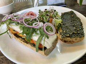 Vegan mozzarella cheese baguette sandwich, $6.50 (plus 10% tax)  at Backyard Cafe - Street 240 in Phnom Penh